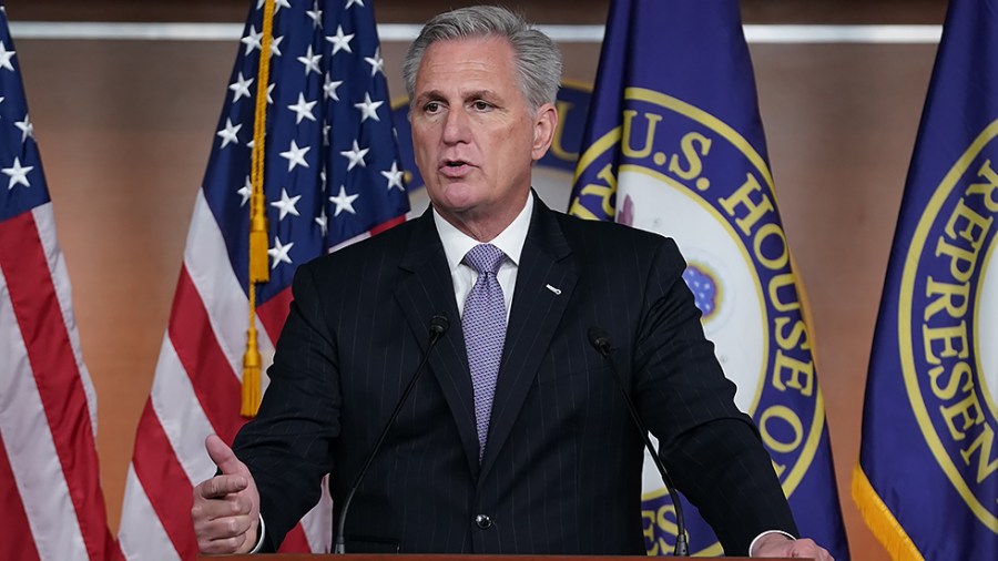 Minority Leader Kevin McCarthy (R-Calif.) addresses reporters during his weekly on-camera press conference on Thursday, September 23, 2021.