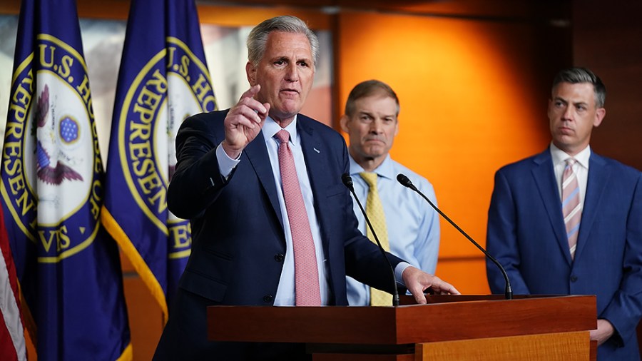 House Minority Leader Kevin McCarthy (R-Calif.) addresses reporters during a press conference on July 21, 2021 regarding Speaker Nancy Pelosi (D-Calif.) removing Reps. Jim Jordan (R-Ohio) and Jim Banks (R-Ind.) off of the January 6 Select Committee