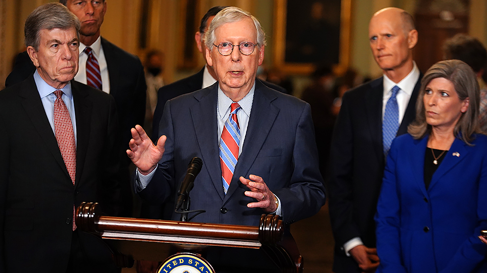 Minority Leader Mitch McConnell (R-Ky.) addresses reporters after the weekly policy luncheon on Tuesday, September 14, 2021.