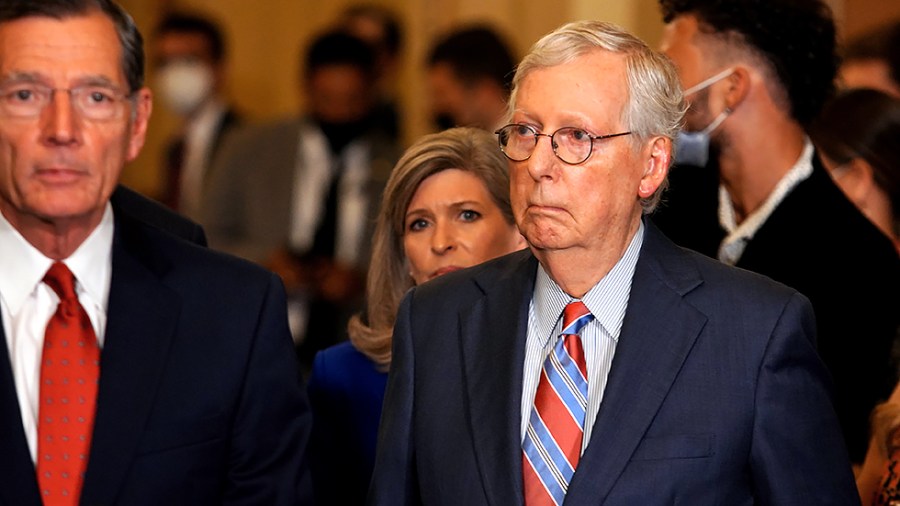 Minority Leader Mitch McConnell (R-Ky.) is seen during a press conference after the weekly policy luncheon on Tuesday, September 14, 2021.