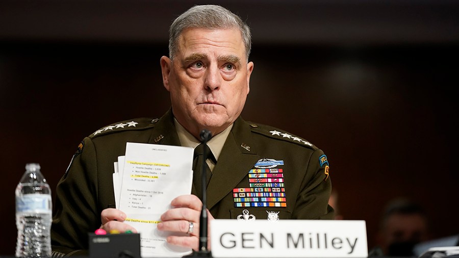 Chairman of the Joint Chiefs of Staff Gen. Mark Milley attends a Senate Armed Services Committee hearing on the conclusion of military operations in Afghanistan and plans for future counterterrorism operations, Tuesday, Sept. 28, 2021.