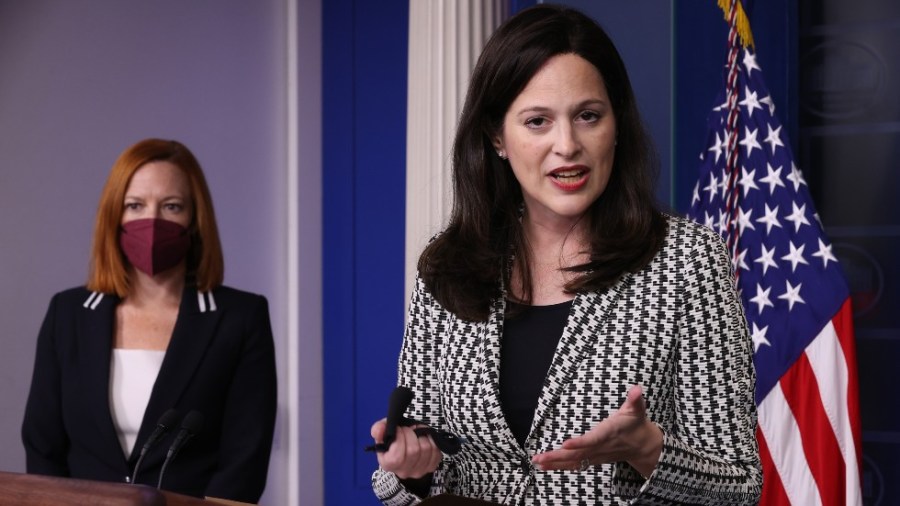 Biden press secretary Jen Psaki looks on as Deputy National Security Advisor for Cyber and Emerging Technology Anne Neuberger speaks on ransom- and cyberware threats