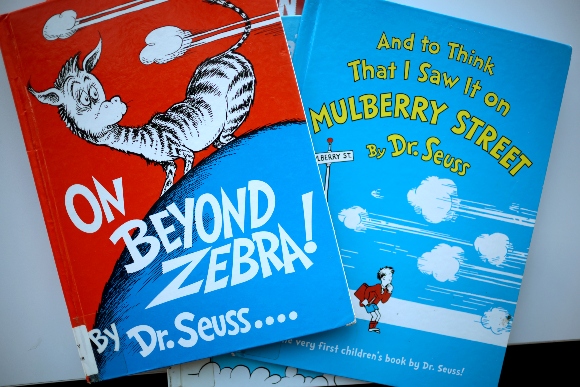 Books by Theodor Seuss Geisel, aka Dr. Seuss, including "On Beyond Zebra!" and "And to Think That I Saw it on Mulberry Street"