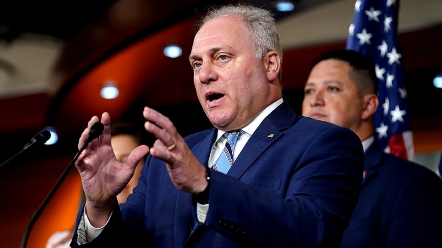 House Minority Whip Steve Scalise (R-La.) addresses reporters after a closed-door House Republican conference meeting on Tuesday, July 20, 2021.