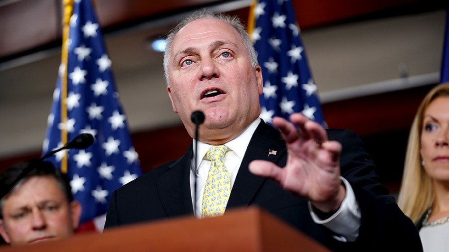 House Minority Whip Steve Scalise (R-La.) addresses reporters after a closed-door House Republican conference meeting on Tuesday, September 28, 2021.