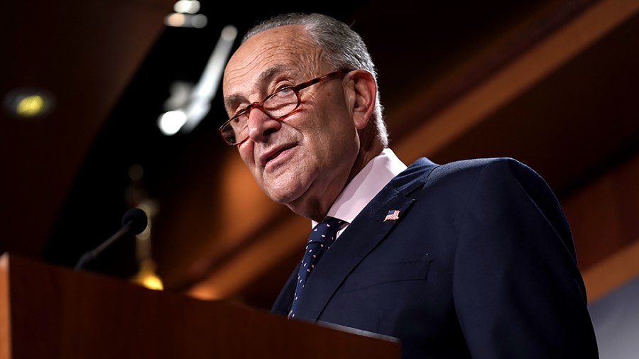 Majority Leader Charles Schumer (D-N.Y.) addresses reporters during a press conference on Wednesday, August 11, 2021 to discuss the bipartisan infrastructure bill and the budget resolution as the Senate leaves for the August district work period.