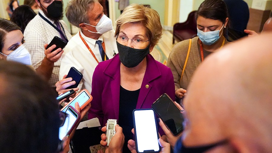 Sen. Elizabeth Warren (D-Mass.) addresses reporters after the weekly Senate Democratic policy luncheon on Tuesday, September 21, 2021.