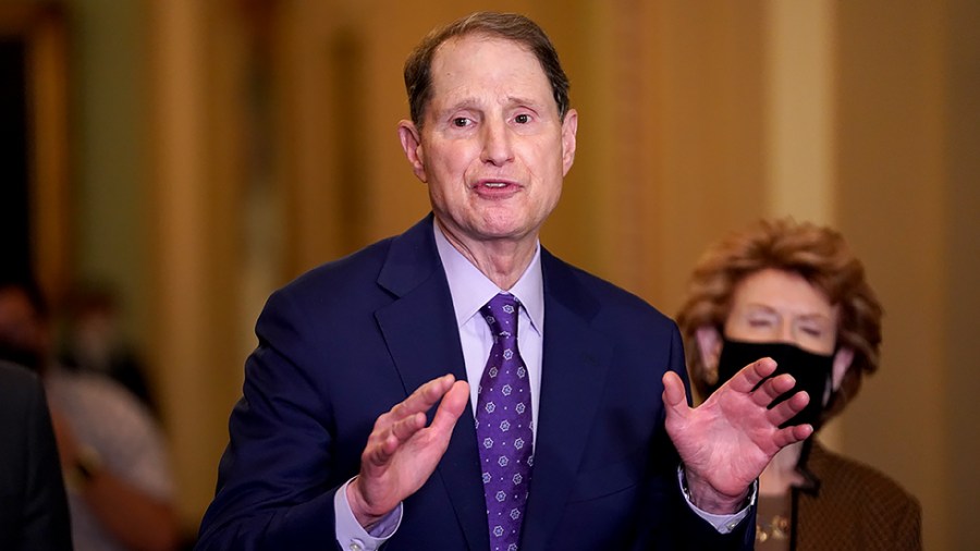 Sen. Ron Wyden (D-Ore.) addresses reporters after the weekly policy luncheon on Tuesday, September 21, 2021.