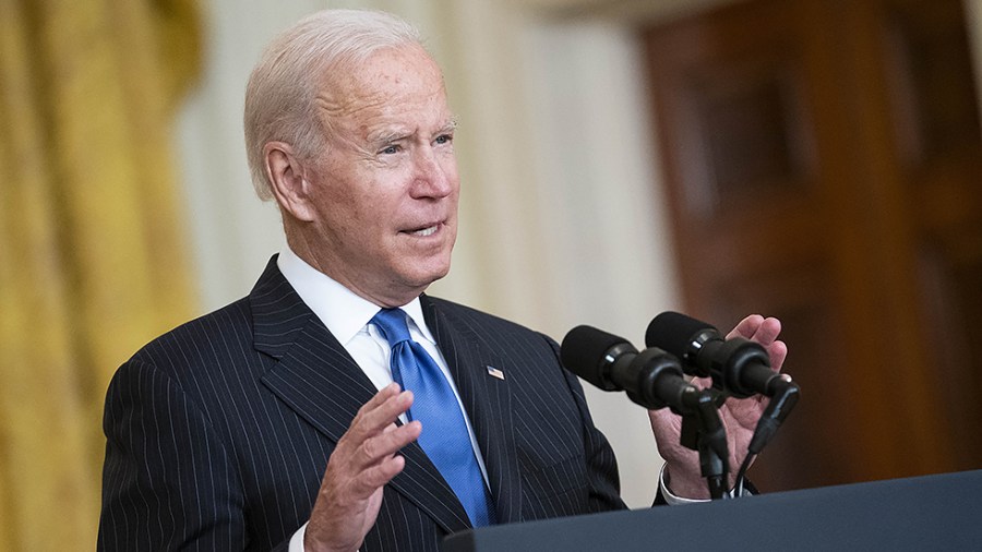 President Biden delivers remarks on solutions to transportation supply chain bottlenecks from the East Room of the White House in Washington, D.C., on Wednesday, October 13, 2021.