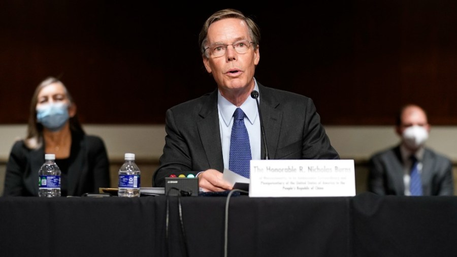 U.S. Ambassador to China nominee Nicholas Burns speaks during a hearing to examine his nomination before the Senate Foreign Relations Committee