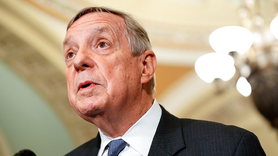 Sen. Richard Durbin (D-Ill.) addresses reporters after the weekly policy luncheon on Tuesday, October 5, 2021.