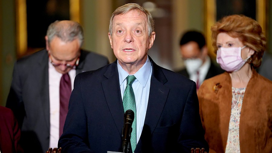 Sen. Richard Durbin (D-Ill.) addresses reporters after the weekly policy luncheon on Tuesday, October 19, 2021.