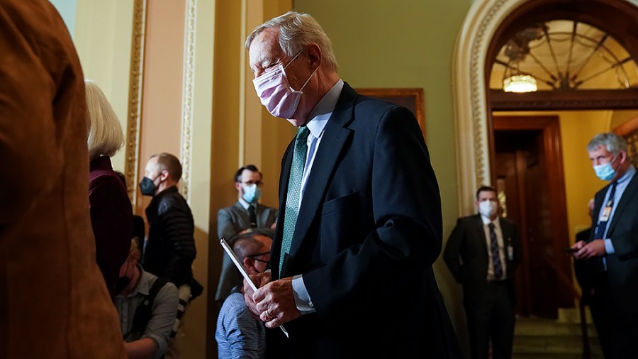 Sen. Richard Durbin (D-Ill.) arrives for a press conference after the weekly policy luncheon on Tuesday, October 19, 2021.