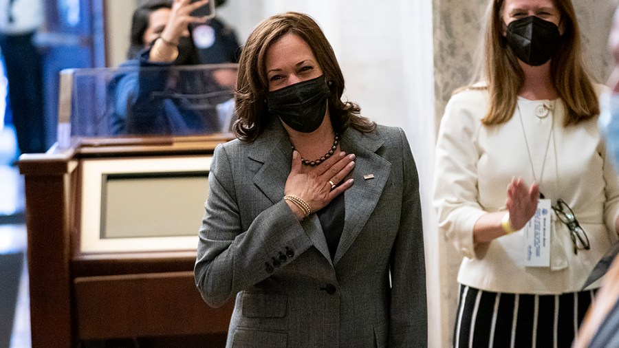 Vice President Harris listens to ‘Happy Birthday’ as she arrives to the Capitol for a Senate nomination vote on Wednesday, October 20, 2021. Harris turns turns 57.