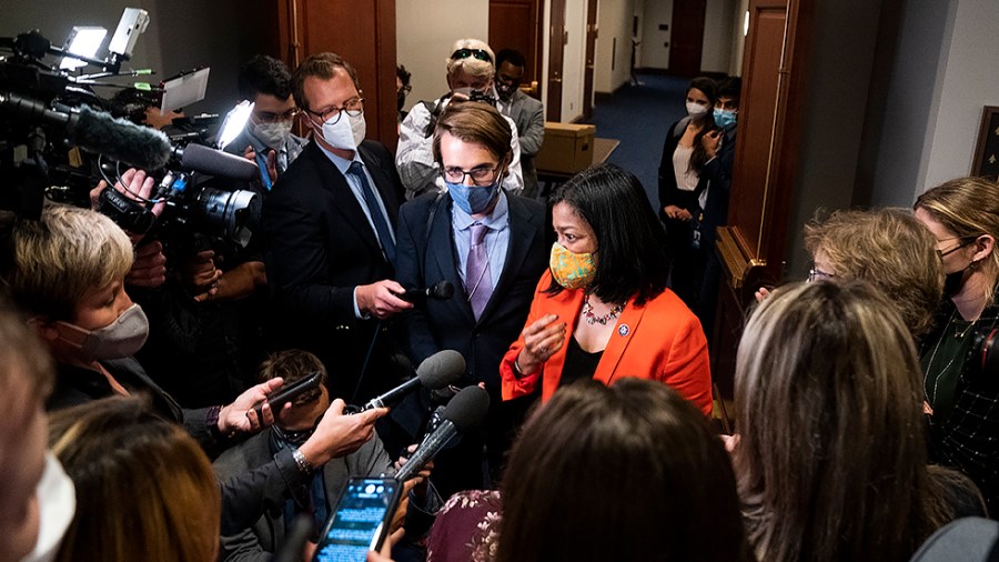 Rep. Pramila Jayapal (D-Wash.) speaks to reporters after a Congressional Progressive Caucus meeting on Friday, October 1, 2021. to discuss the bipartisan infrastructure bill.