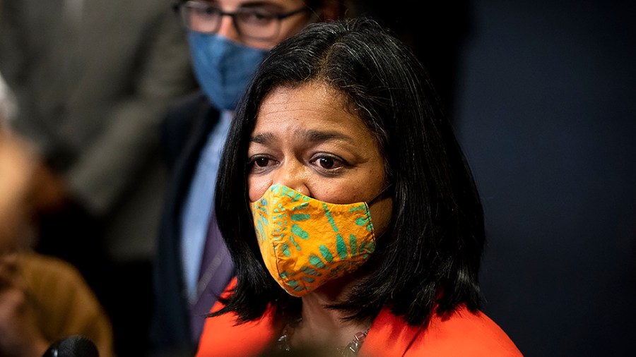 Rep. Pramila Jayapal (D-Wash.) speaks to reporters after a Congressional Progressive Caucus meeting on Friday, October 1, 2021. to discuss the bipartisan infrastructure bill.