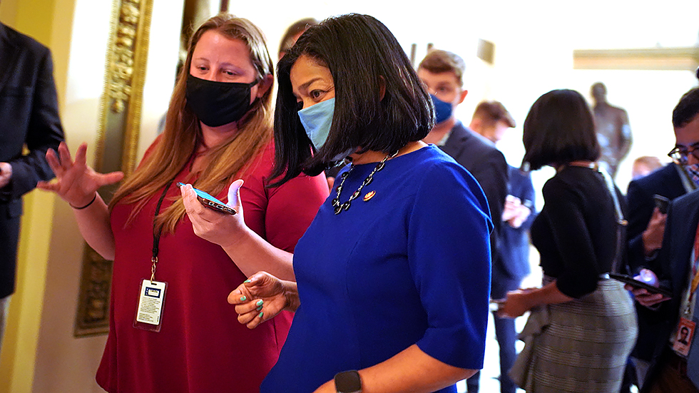 Rep. Pramila Jayapal (D-Wash.) speaks to reporters outside the House Chamber during a vote on the Further Surface Transportation Act on Thursday, October 28, 2021.