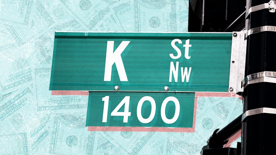 Photo illustration of a green K Street Sign on a blue background with dollar bill overlay