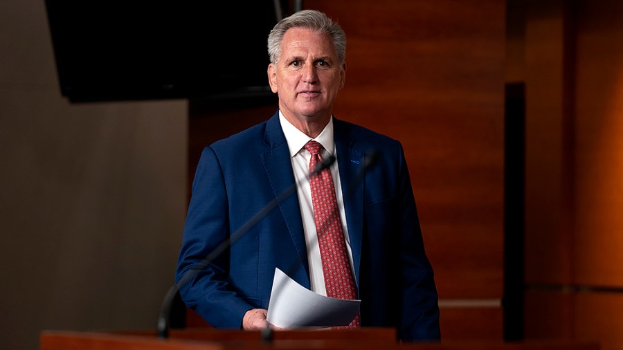 Minority Leader Kevin McCarthy (R-Calif.) arrives to his weekly on-camera press conference with reporters on Thursday, October 28, 2021.