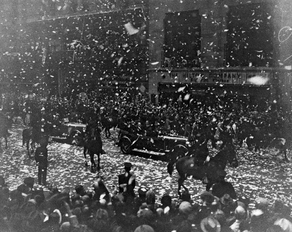 Dr. Hugo Eckener and the crew of the Graf Zeppelin received a rousing reception when they were driven through New York, Oct. 16, 1928.