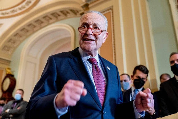 Senate Majority Leader Chuck Schumer of N.Y., speaks to reporters