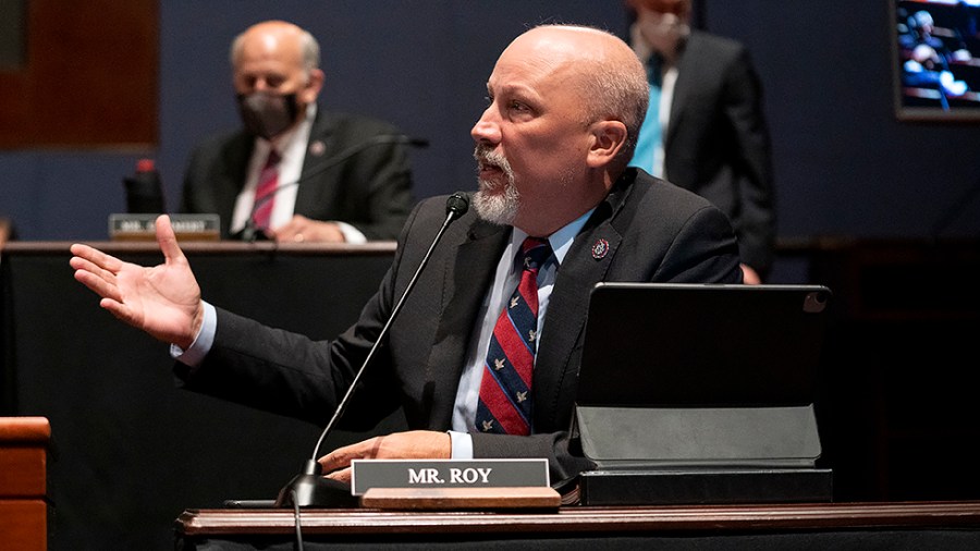 Rep. Chip Roy (R-Texas) reacts to an objection for playing a video involving school board meetings offered by Rep. Jim Jordan (R-Ohio) as a part of an opening statement during a House Judiciary Committee oversight hearing of the Department of Justice.