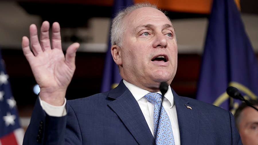 House Minority Whip Steve Scalise (R-La.) addresses reporters after a closed-door House Republican conference meeting on Tuesday, October 26, 2021.