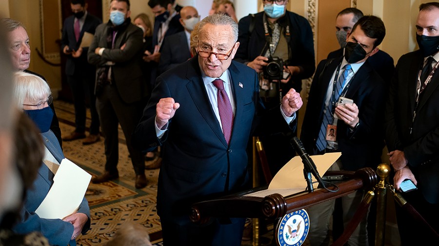 Majority Leader Charles Schumer (D-N.Y.) addresses reporters after the weekly policy luncheon on Tuesday, October 26, 2021.