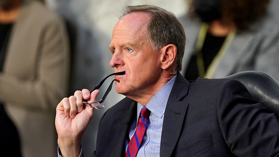 Sen. Pat Toomey (R-Pa.) is seen during a Senate Banking, Housing, and Urban Affairs Committee hearing to discuss oversight of the CARES Act within the Federal Reserve and Department of Treasury on Tuesday, September 28, 2021.