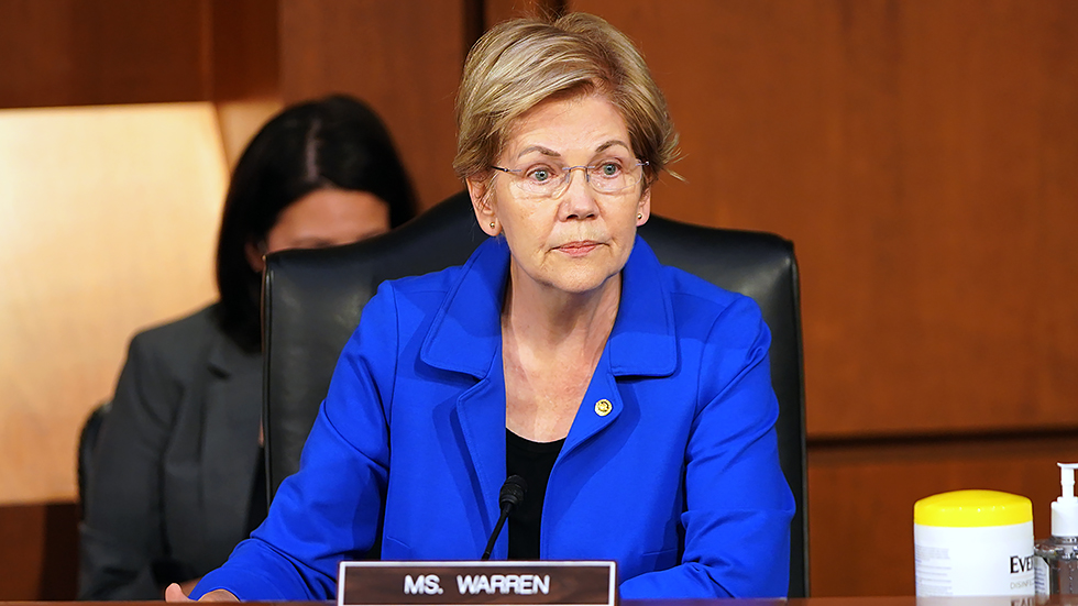 Sen. E. Warren (D-Mass.) is seen during a Senate Banking, Housing, and Urban Affairs Committee hearing to discuss oversight of the CARES Act within the Federal Reserve and Department of Treasury on Tuesday, September 28, 2021.