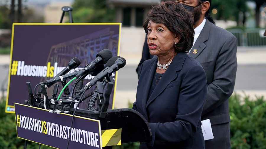 Rep. Maxine Waters (D-Calif.) addresses reporters during a press conference on Tuesday, October 12, 2021 to advocate for funding for housing to be included in the Build Back Better Act.