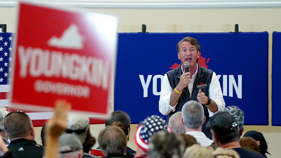 Virginia Republican gubernatorial candidate Glenn Youngkin speaks to supporters and potential voters during a meet and greet at Manassas Park Community Center in Manassas, Va., on Saturday, October 30, 2021.