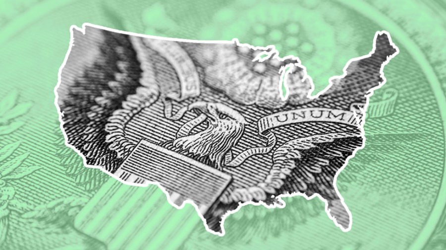 photo illustration of dollar bill overlay on continental united states