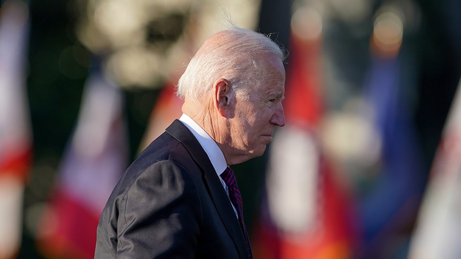 President Biden is seen during a billing signing ceremony for the Infrastructure Investment and Jobs Act on the South Lawn of the White House on Monday, November 15, 2021.