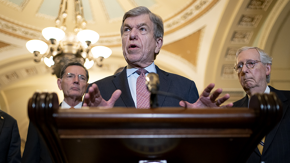 Sen. Roy Blunt (R-Mo.) addresses reporters after the weekly policy luncheon on Tuesday, November 16, 2021.