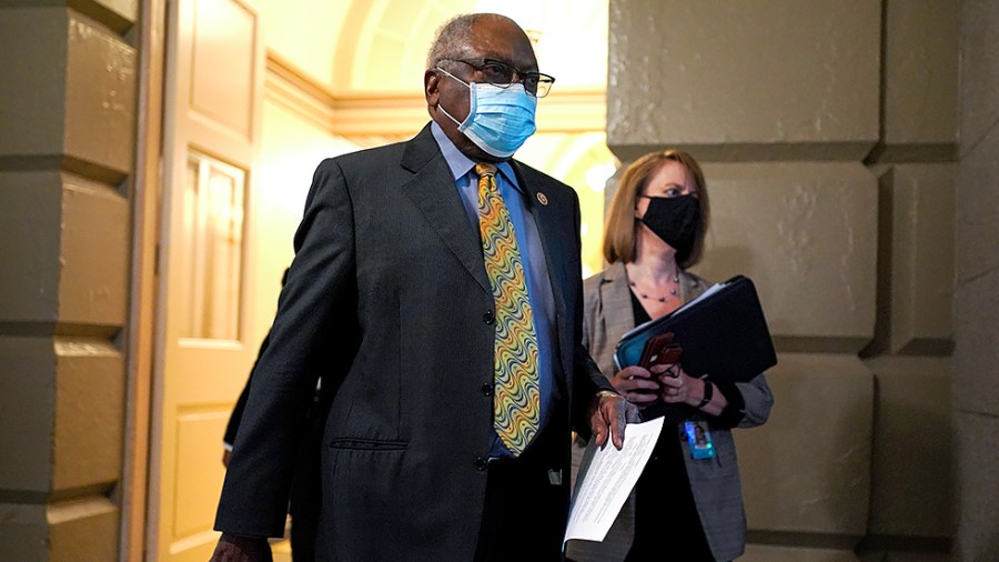 House Majority Whip James Clyburn (D-S.C.) arrives for a closed-door Democratic caucus meeting on Tuesday, November 2, 2021.