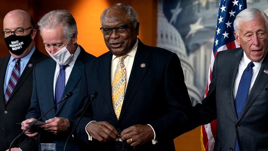 House Majority Whip James Clyburn (D-S.C.) addresses reporters during a press conference on Friday, November 19, 2021 after the Build Back Act vote.