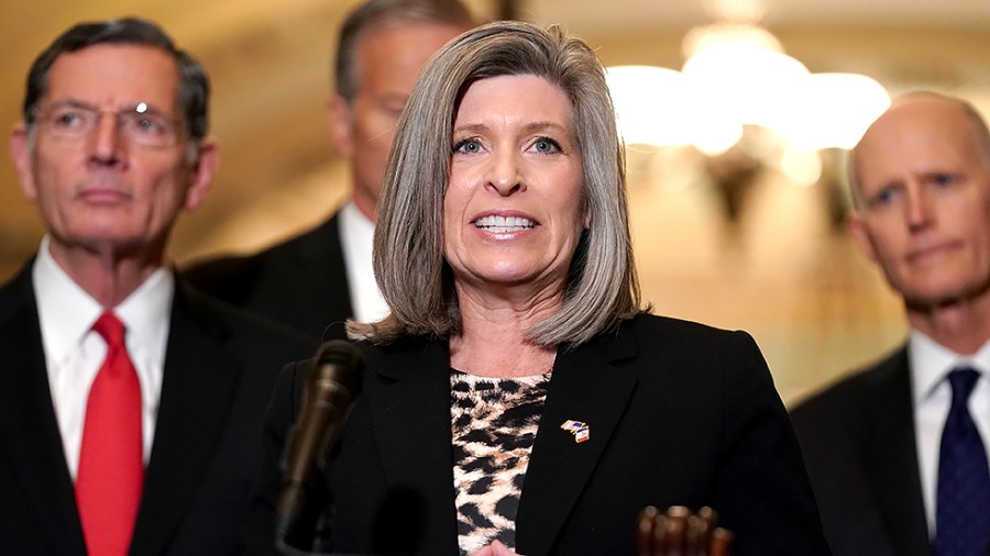 Sen. Joni Ernst (R-Iowa) addresses reporters after the weekly policy luncheon on Tuesday, November 2, 2021.