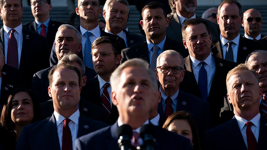 House Republicans are seen during a press event outside the House Chamber to speak out against President Biden’s Build Back Better Republican agenda on Wednesday, November 17, 2021.