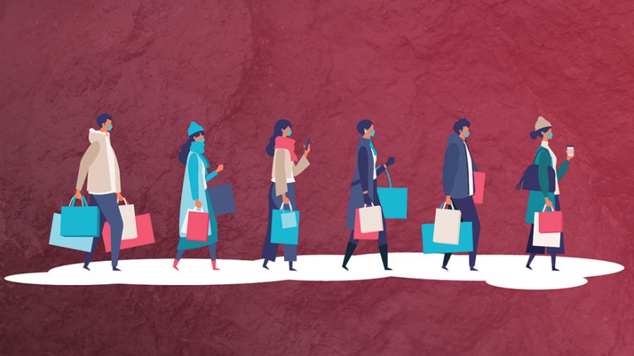 Photo illustration of people shopping on a textured red background