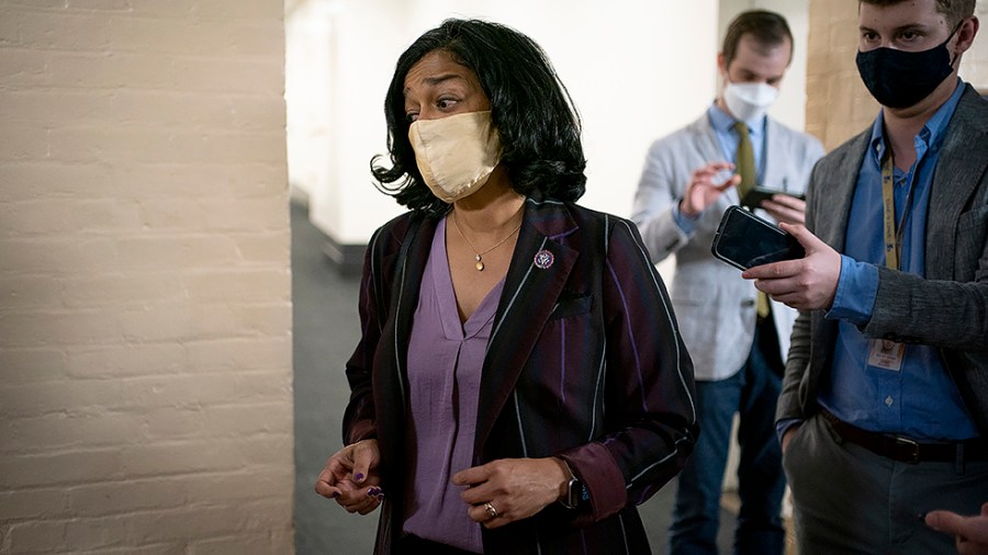 Rep. Pramila Jayapal (D-Wash.) arrives for a closed-door Democratic caucus meeting on Wednesday, November 3, 2021.