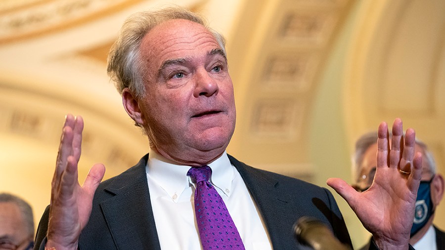 Sen. Tim Kaine (D-Va.) addresses reporters after the weekly policy luncheon on Tuesday, November 16, 2021.