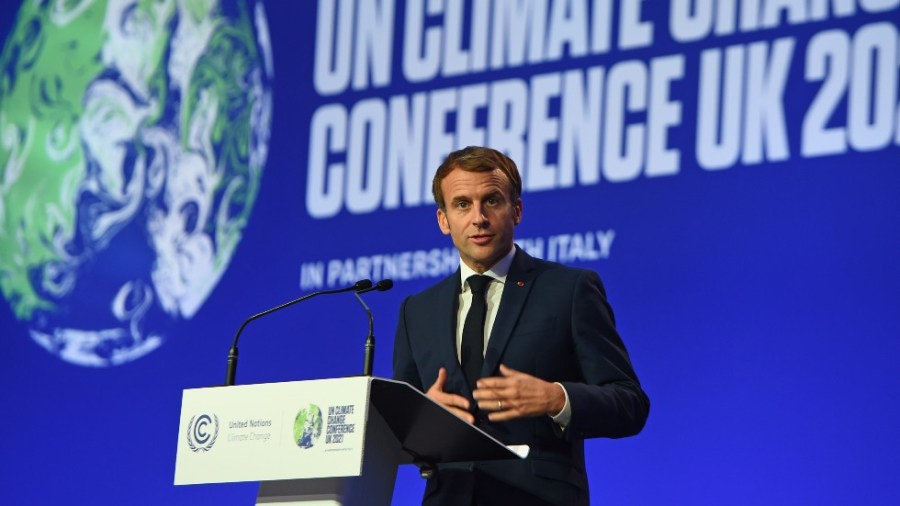 French President Emmanuel Macron speaks during the opening ceremony of the UN Climate Change Conference COP26 in Glasgow