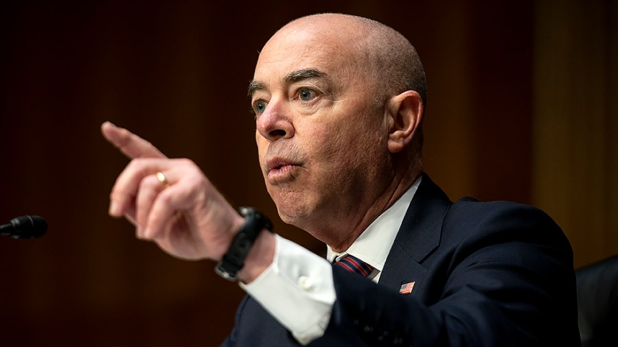 Secretary of Homeland Security Alejandro Mayorkas testifies during a Senate Judiciary Committee oversight hearing of the Homeland Security Department on Tuesday, November 16, 2021.