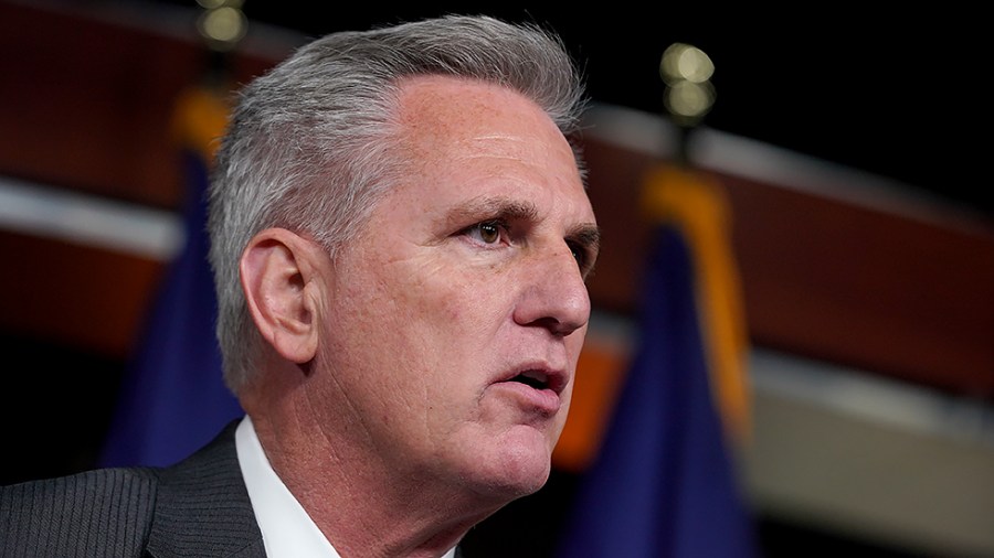 Minority Leader Kevin McCarthy (R-Calif.) answers a question during his weekly press conference on Thursday, November 18, 2021.