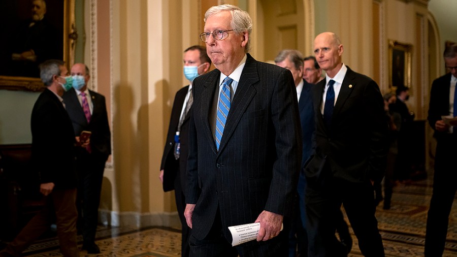 Minority Leader Mitch McConnell (R-Ky.) addresses reporters after the weekly policy luncheon on Tuesday, November 2, 2021.