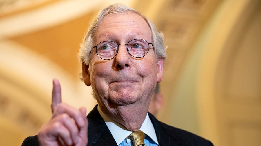 Minority Leader Mitch McConnell (R-Ky.) addresses reporters after the weekly policy luncheon on Tuesday, November 16, 2021.