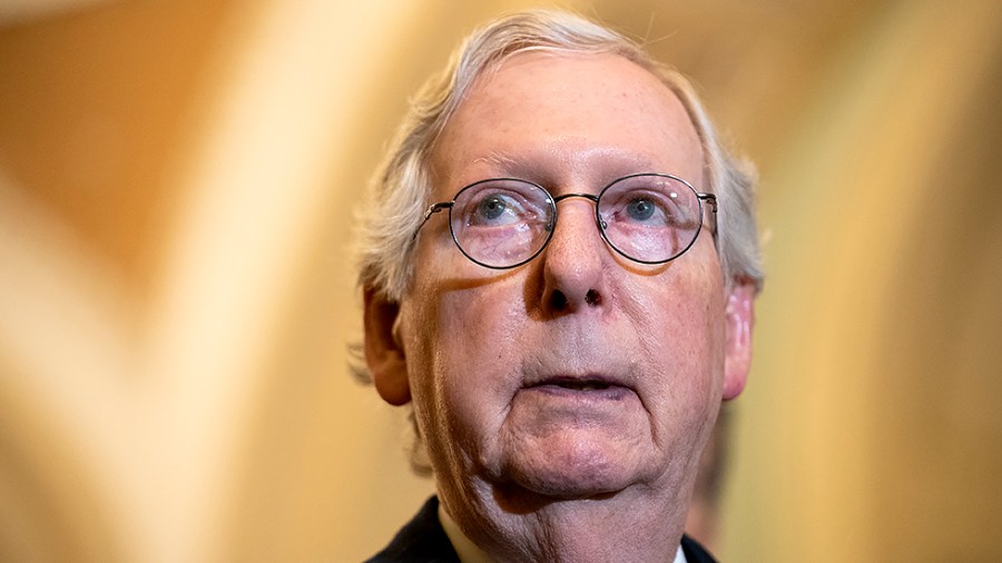 Minority Leader Mitch McConnell (R-Ky.) addresses reporters after the weekly policy luncheon on Tuesday, November 16, 2021.