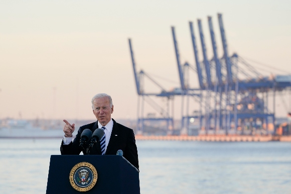 President Joe Biden speaks during a visit at the Port of Baltimore