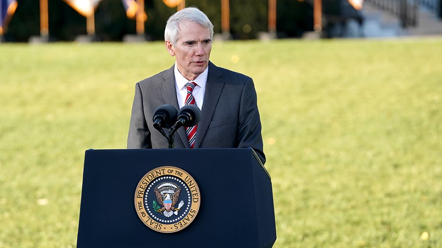 Sen. Rob Portman (R-Ohio) speaks at a signing ceremony for the Infrastructure Investment and Jobs Act on the South Lawn of the White House on Monday, November 15, 2021.